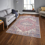 GLN Rugs Traditional Collection - Machine Washable Area Rug, Traditional Washable, Non Slip, Low Pile Chenille Rug, Living Room, Bedroom, Kitchen Rug (5' x 7' Multi Blue)