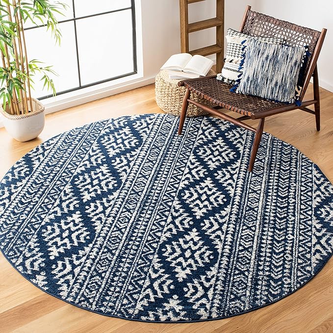 SAFAVIEH Tulum Collection Area Rug - 8' Round, Navy & Ivory, Moroccan Boho Tribal Design, Non-Shedding & Easy to Clean, Ideal for Living Room, Bedroom, Dining Space (TUL272N)