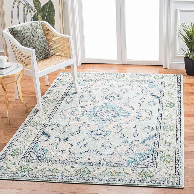 SAFAVIEH Monaco Collection Area Rug - 5'1" x 7'7", Light Blue & Ivory, Boho Chic Medallion Distressed Design, Non-Shedding & Easy Care, Ideal for High Traffic Areas in Living Room, Bedroom (MNC243K)