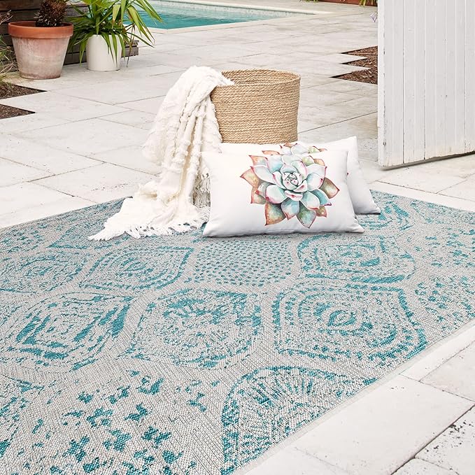 FH Home Flat Woven Outdoor Rug - Waterproof, Easy to Clean, Stain Resistant - Premium Polypropylene Yarn - Distressed Farmhouse - Patio, Porch, Deck, Balcony - Granada - Aqua - 5ft 2in x 7ft 6in