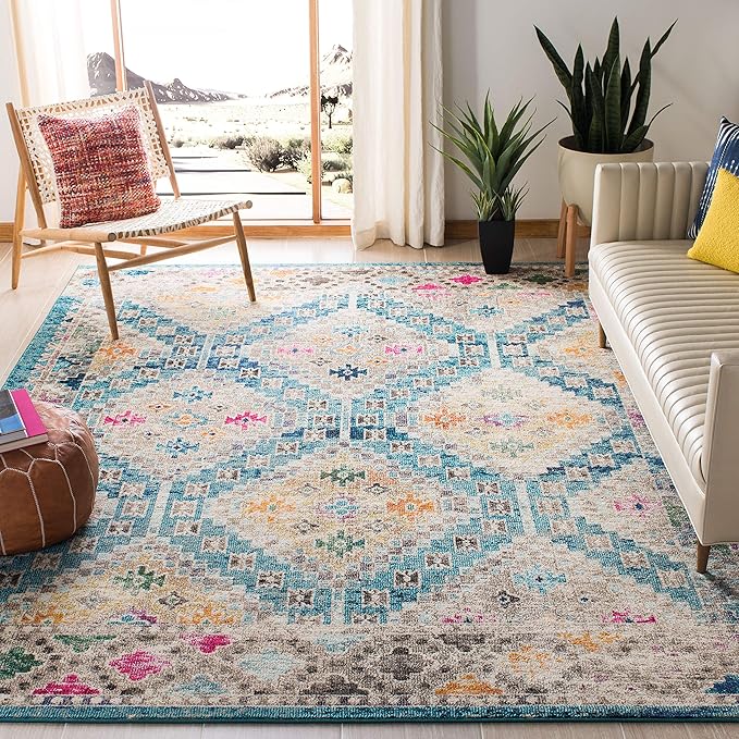 SAFAVIEH Madison Collection Area Rug - 9' x 12', Dark Blue & Yellow, Boho Diamond Distressed Design, Non-Shedding & Easy Care, Ideal for High Traffic Areas in Living Room, Bedroom (MAD418N)