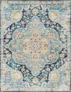 Livabliss Area Rugs - 8x10 Romaine Vintage Boho Navy Sky Blue Rose Area Rug for Living Room Bedroom - Floral Medallion Stain Resistant Carpet for Kitchen, Nursery, Office (7'10" x 10'3")