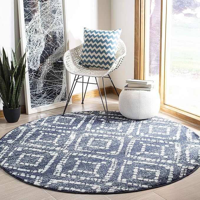 SAFAVIEH Adirondack Collection 6' Round Navy/Ivory ADR131N Modern Diamond Distressed Non-Shedding Dining Room Entryway Foyer Living Room Bedroom Area Rug