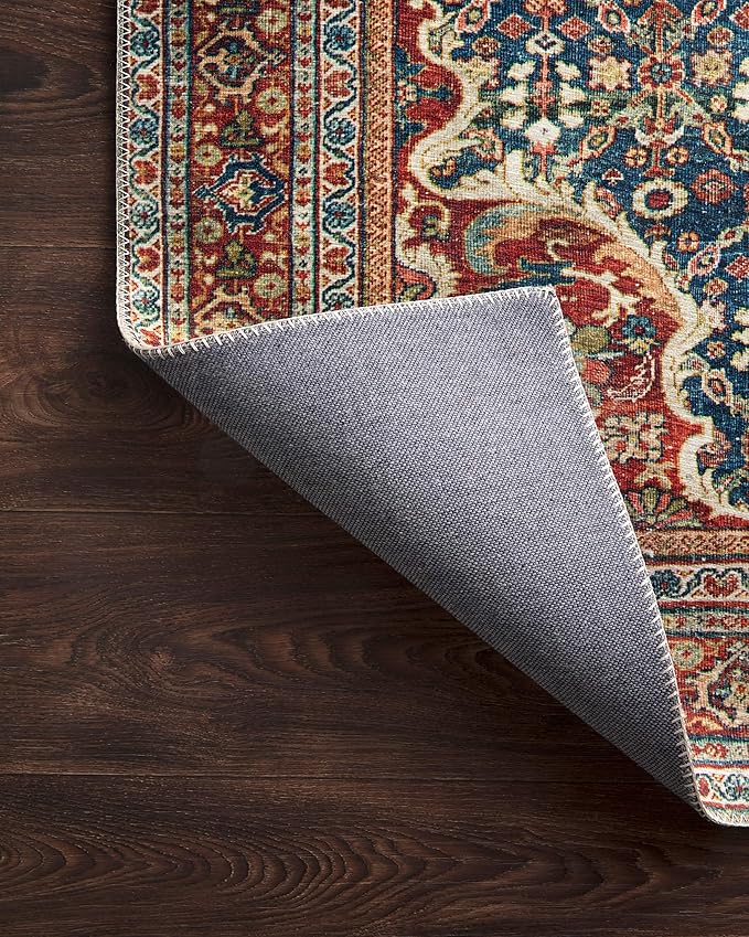 Loloi Layla Collection LAY-09 Cobalt Blue/Spice 2'-0" x 5'-0" .13" Thick Accent Rug, Soft, Durable, Vintage Inspired, Distressed, Low Pile, Non-Shedding, Easy Clean, Printed, Living Room Rug