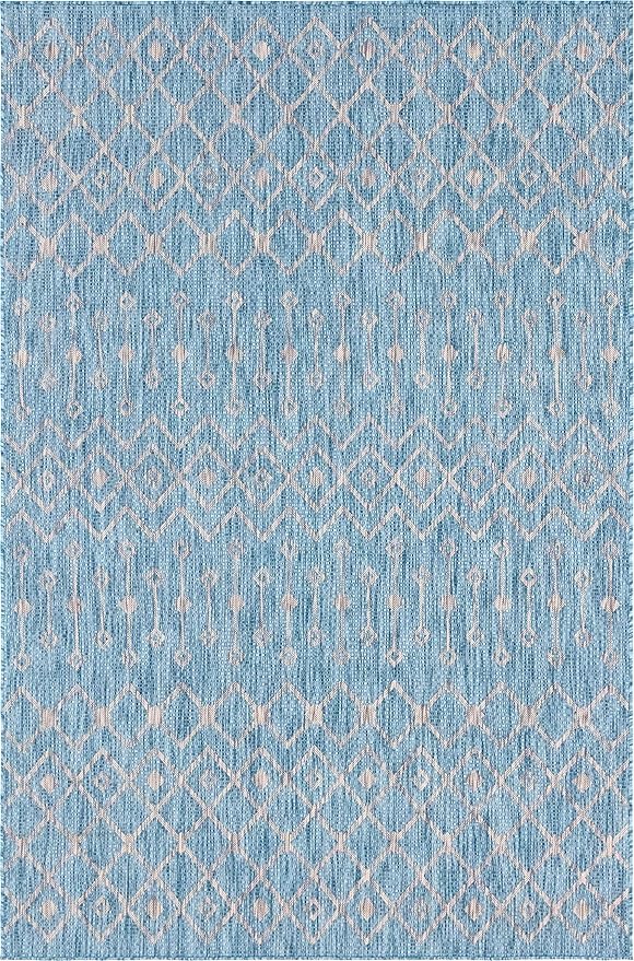 Unique Loom Outdoor Trellis Collection Area Rug - Tribal Trellis (6' 1" x 9' Rectangle, Aqua/ Ivory)