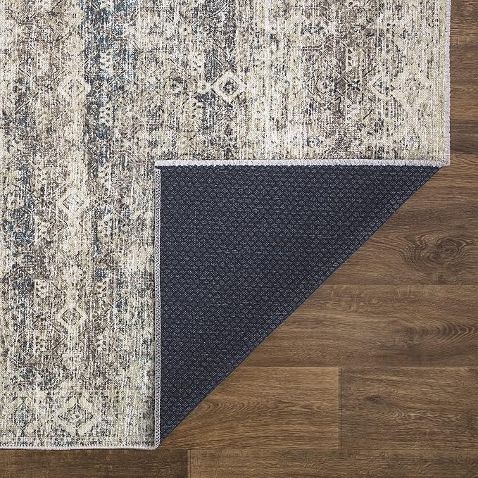 Bloom Rugs Caria Washable Non-Slip 6x9 Rug - Beige Brown/Teal Traditional Area Rug for Living Room, Bedroom, Dining Room, and Kitchen - Exact Size: 6' x 9'