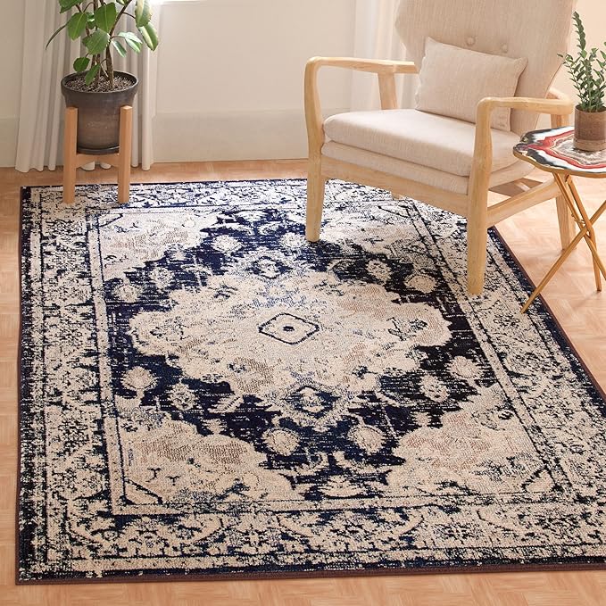 SAFAVIEH Monaco Collection Area Rug - 8' x 10', Ivory & Navy, Boho Chic Medallion Distressed Design, Non-Shedding & Easy Care, Ideal for High Traffic Areas in Living Room, Bedroom (MNC243C)