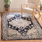 SAFAVIEH Monaco Collection Area Rug - 9' x 12', Ivory & Navy, Boho Chic Medallion Distressed Design, Non-Shedding & Easy Care, Ideal for High Traffic Areas in Living Room, Bedroom (MNC243C)