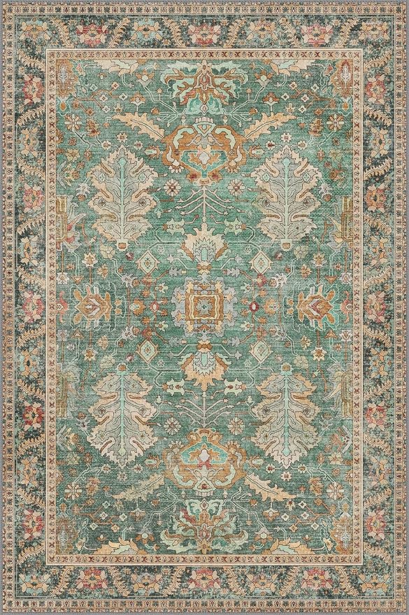 Bavni Entryway Rug, 2x3 Washable Rug Ultra-Thin Low Pile, Non-Slip Small Rugs Indoor for Front Door Entrance Bathroom, Vintage Print Carpet Soft Stain Resistance, Sage/Gold