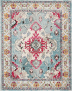 SAFAVIEH Monaco Collection 9' x 12' Light BlueFuchsia MNC243J Boho Chic Medallion Distressed Non-Shedding Living Room Bedroom Dining Home Office Area Rug