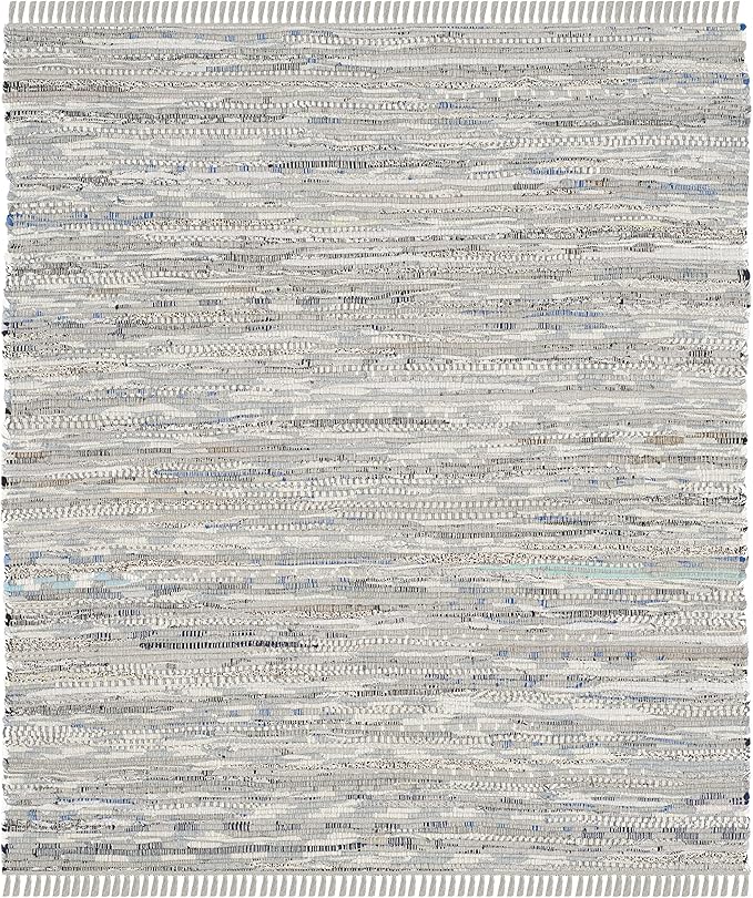 SAFAVIEH Rag Rug Collection Area Rug - 10' Square, Grey, Handmade Boho Stripe Cotton, Ideal for High Traffic Areas in Living Room, Bedroom (RAR121A)