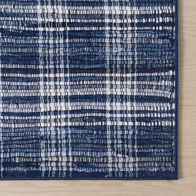 Dash & Albert Denim Plaid Blue Machine Washable Rug, 8.5 X 11.5 Feet, Blue/White Plaid Pattern