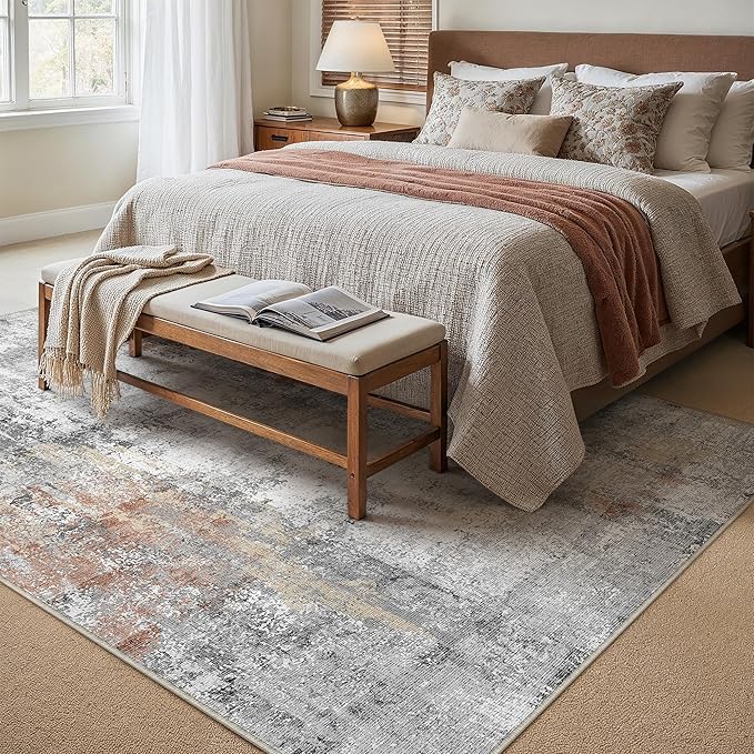 6x9 Washable Area Rug Grey Rust Abstract Living Room Bedroom Carpet Neutral Modern Non-Slip Soft Low Pile Lightweight Vacuumable Throw Rug for Dining Room Kitchen