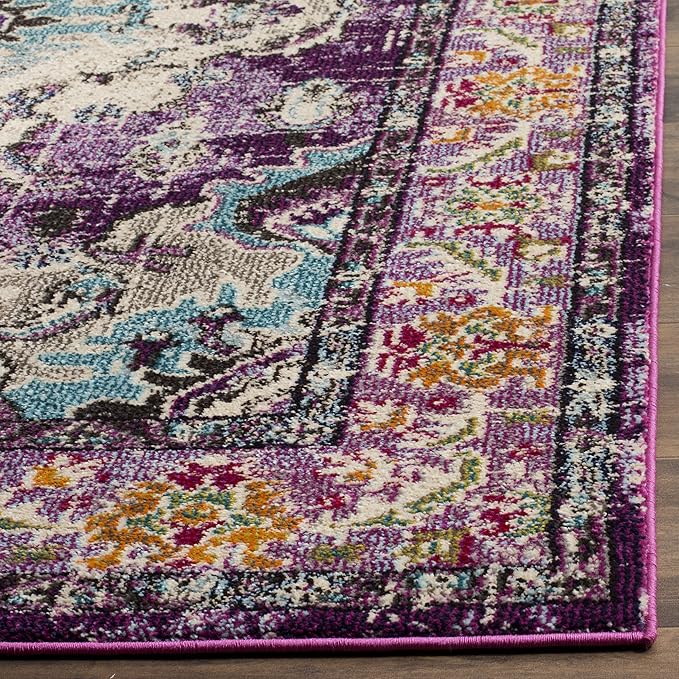 SAFAVIEH Monaco Collection Area Rug - 6'7" x 9'2", Violet & Light Blue, Boho Chic Medallion Distressed Design, Non-Shedding & Easy Care, Ideal for High Traffic Areas in Living Room, Bedroom (MNC243L)