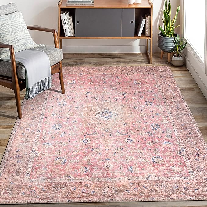 GLN Rugs Traditional Collection - Machine Washable Area Rug, Traditional Washable, Non Slip, Low Pile Chenille Rug, Living Room, Bedroom, Kitchen Rug (4' x 6' Pink/Cream)