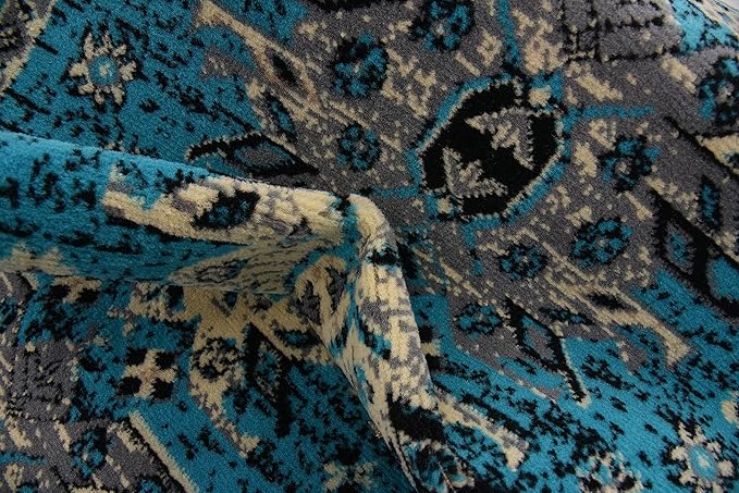 Unique Loom Taftan Collection Border Geometric Tribal Inspired Design Area Rug, 2 ft 7 in x 10 ft, Turquoise/Gray