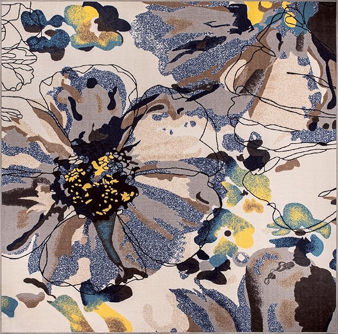 Rugshop Cream Bright Flowers Non Slip Non-Shedding Square Area Rug for Dining Room, Living Room and Bedroom, 6'6" x 6'6"