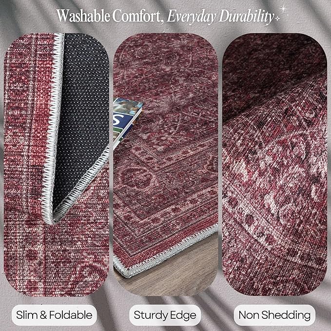 Fame Rugs Turkish Rug. Washable Vintage Oriental Antique Inspired Traditional Doormat Small Modern Area Rugs Luxury Entryway Entry Bedroom Bathroom Kitchen (395RR, 2'5 x 9'8)