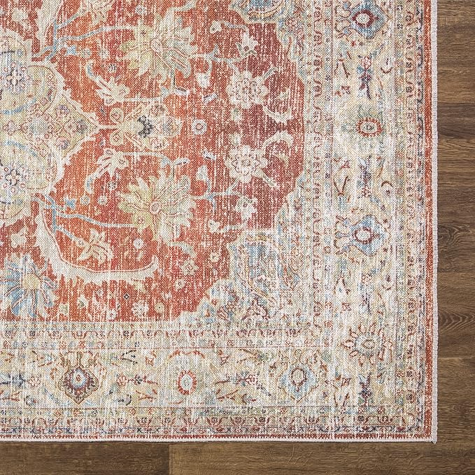 Bloom Rugs Caria Washable Non-Slip 4x6 Rug - Orange/Olive Beige Traditional Area Rug for Living Room, Bedroom, Dining Room, and Kitchen - Exact Size: 4' x 6'