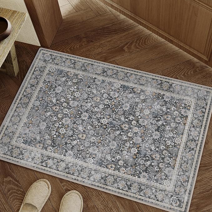 HUGEAR 2x3 Small Rug Machine Washable Area Rug Black Grey Entryway Rugs Entrance Door Mat Indoor Floral Low Pile Carpet Distressed Throw Rugs Kitchen Bedroom Office Non Slip