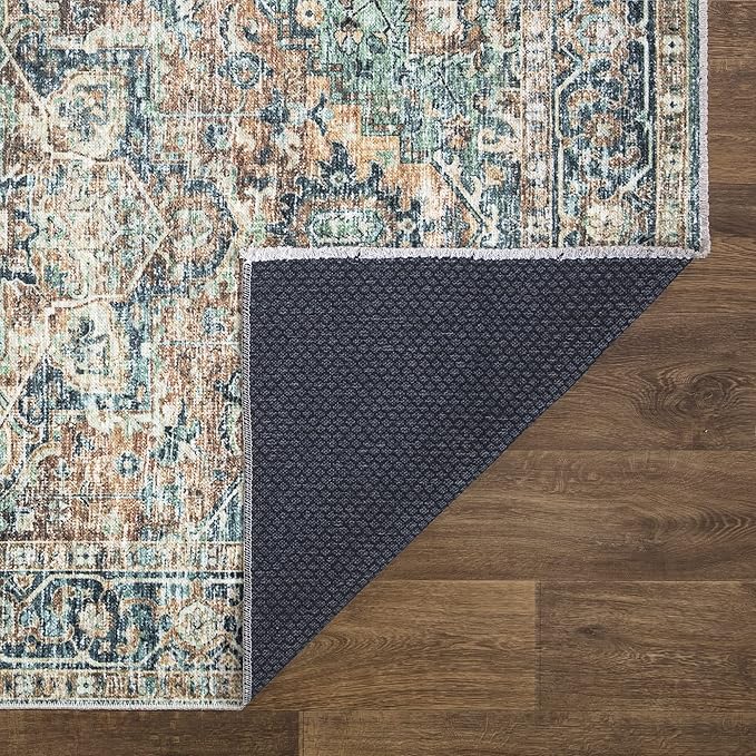 Bloom Rugs Caria Washable Non-Slip 6x9 Rug - Blue Green/Tangerine Traditional Area Rug for Living Room, Bedroom, Dining Room, and Kitchen - Exact Size: 6' x 9'