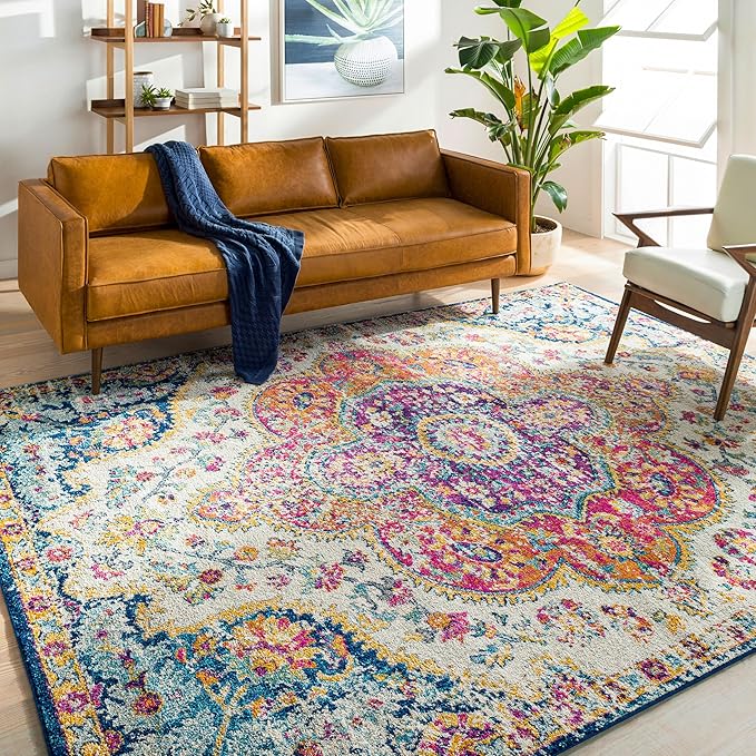 Livabliss Area Rugs - 7x9 Romaine Vintage Boho Fuchsia Mustard Blue Area Rug for Living Room Bedroom - Floral Medallion Stain Resistant Carpet for Kitchen, Nursery, Office (6'7" x 9')