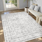 Grey 6x9 Area Rug Vintage Washable Living Room Carpet Non Slip Bedroom Indoor Office Low Pile Large Traditional Distressed Retro Accent Rug for Dining Room Bathroom Kitchen
