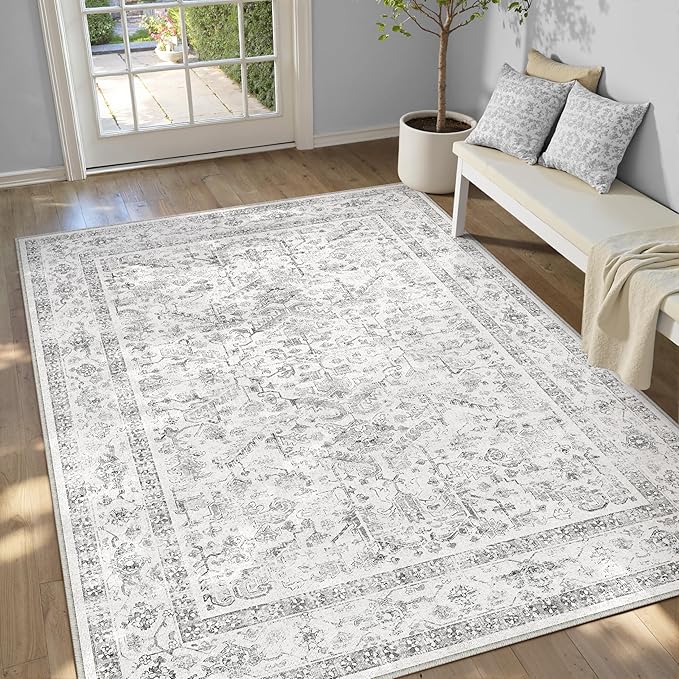 Grey 6x9 Area Rug Vintage Washable Living Room Carpet Non Slip Bedroom Indoor Office Low Pile Large Traditional Distressed Retro Accent Rug for Dining Room Bathroom Kitchen