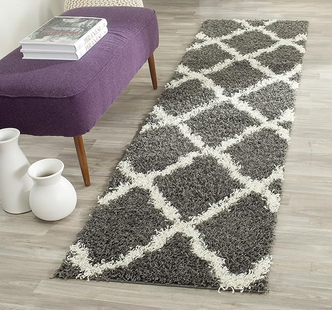 SAFAVIEH Dallas Shag Collection Runner Rug - 2'3" x 18', Dark Grey & Ivory, Trellis Design, Non-Shedding & Easy Care, 1.5-inch Thick Ideal for High Traffic Areas in Living Room, Bedroom (SGD257A)