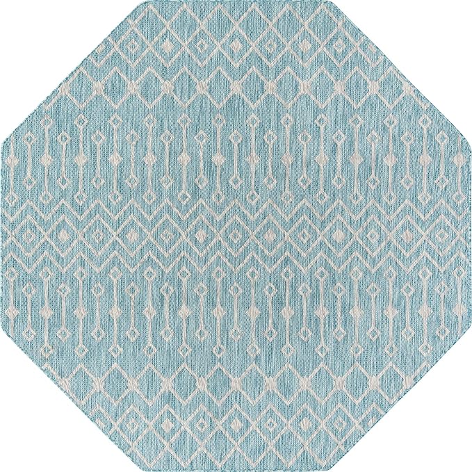 Unique Loom Outdoor Trellis Collection Area Rug - Tribal Trellis (7' 10" Octagon, Aqua/ Ivory)