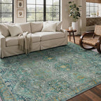 Bavni 8x10 Area Rugs for Living Room, Machine Washable Rug Non Slip, Vintage Chenille Distressed Print Carpet, Large Low Pile Ultra-Thin Lightweight Rugs for Bedroom, Dining Room, Home, Office, Cyan