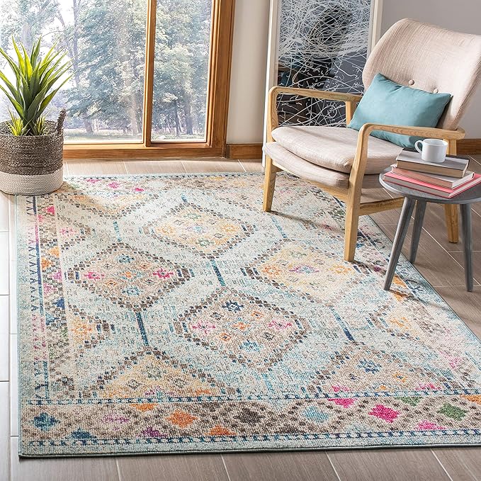 SAFAVIEH Madison Collection Accent Rug - 4' x 6', Blue & Yellow, Boho Diamond Distressed Design, Non-Shedding & Easy Care, Ideal for High Traffic Areas in Entryway, Living Room, Bedroom (MAD418K)