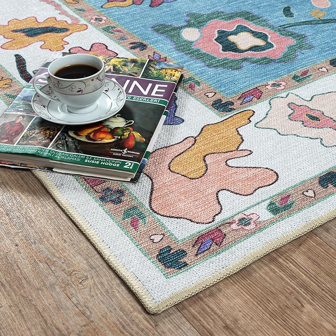 Fame Living Colorful Oushak Rug, Modern, Vintage, Turkish, Eclectic, Floral, Pastel, Washable, Area Rugs for Living Room, Dining, Bedroom, Office, Entryway, Foyer, Playroom, Nursery, 5'x6'9"