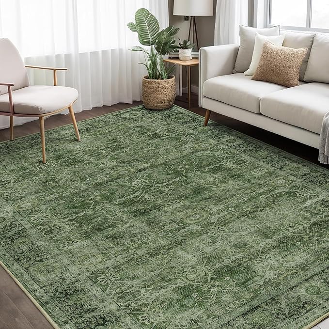 6x9 Green Washable Rug for Living Room Large Vintage Distressed Bedroom Rug Low Pile Non-Slip Soft Boho Carpets for Bedroom Dining Room Home Office Indoor Nursery
