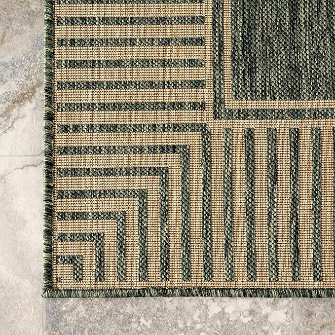 Nuloom Asha Green/Brown, 8' x 10', Casual, Striped Border, Soft and Cozy, High Traffic, Stain Resistant, Easy Clean, Durable Area Rug for Indoor/Outdoor Patio, Deck, Porch, Garden, Courtyard