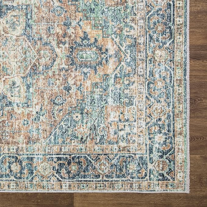 Bloom Rugs Caria Washable Non-Slip 12 ft Runner - Blue Green/Tangerine Traditional Runner for Entryway, Hallway, Bathroom, and Kitchen - Exact Size: 2'6" x 12'