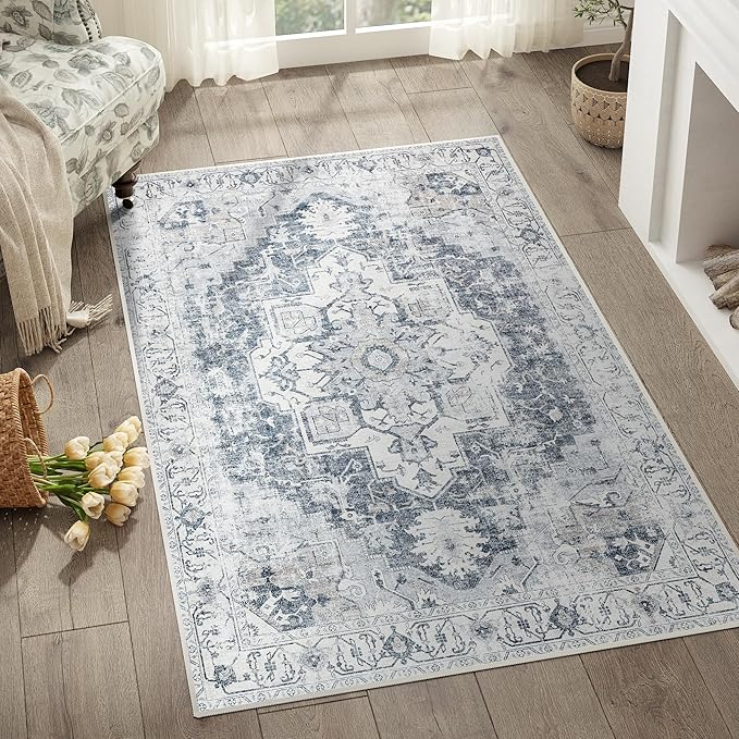 jinchan Kelda Area Rug 3x5 Washable Entryway Rug Vintage Indoor Doormat Distressed Thin Mat Lightweight Non-Slip Stain Resistant Low Pile Carpet for Kitchen Living Room Bedroom Dining Room Office Grey