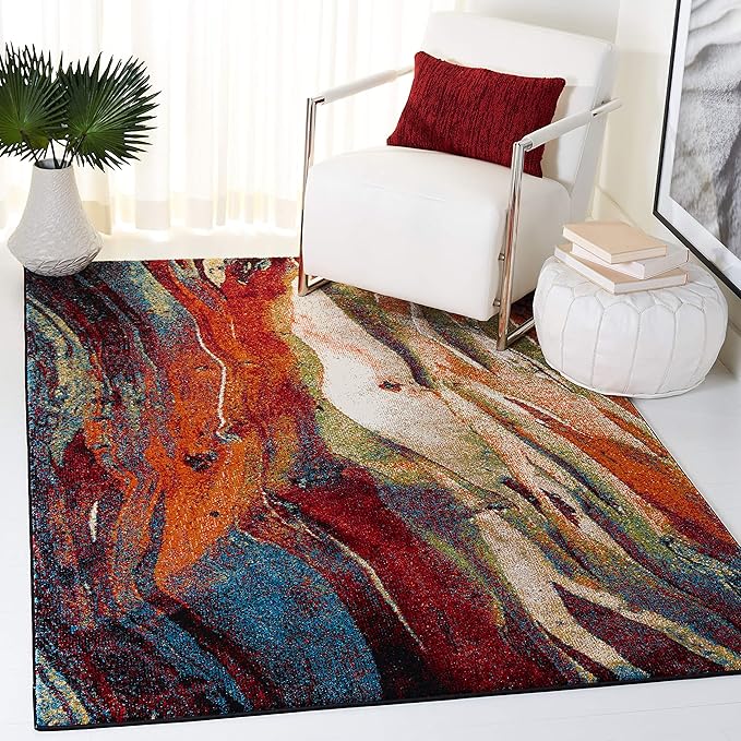 SAFAVIEH Glacier Collection Area Rug - 6'7" x 9', Red & Green, Modern Abstract Design, Non-Shedding & Easy Care, Ideal for High Traffic Areas in Living Room, Bedroom (GLA126Q)
