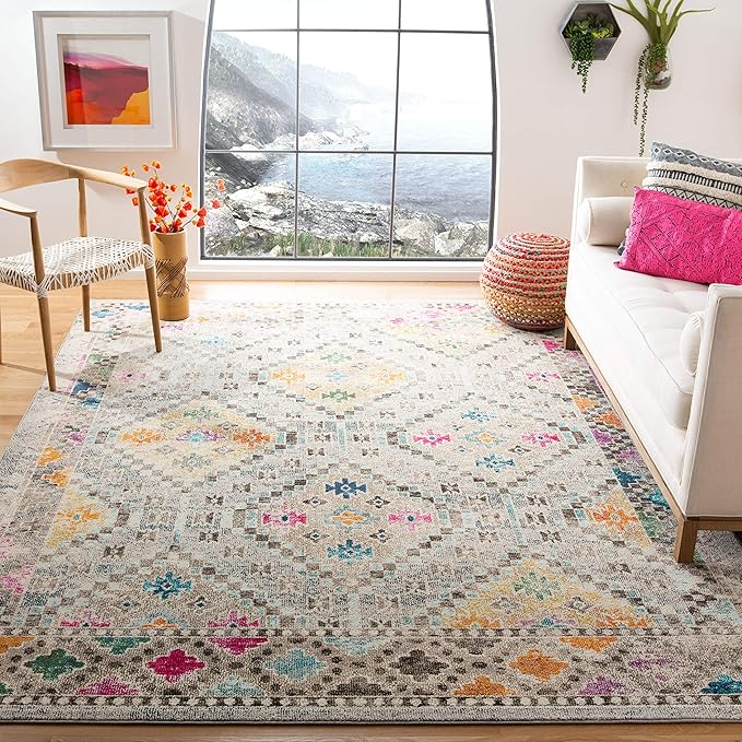 SAFAVIEH Madison Collection X-Large Area Rug - 12' x 18', Grey & Yellow, Boho Diamond Distressed Design, Non-Shedding & Easy Care, Ideal for High Traffic Areas in Living Room, Bedroom (MAD418F)