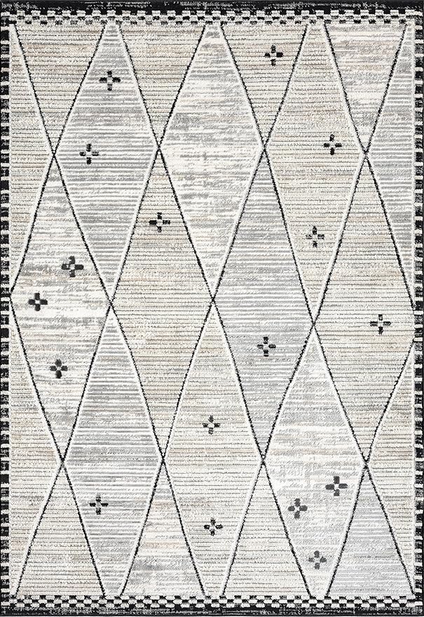 Abani Viva Cream & Grey Area Rug 8' x 10' for Living Room, Bedroom - Farmhouse Diamond Pattern - Durable & Easy to Clean