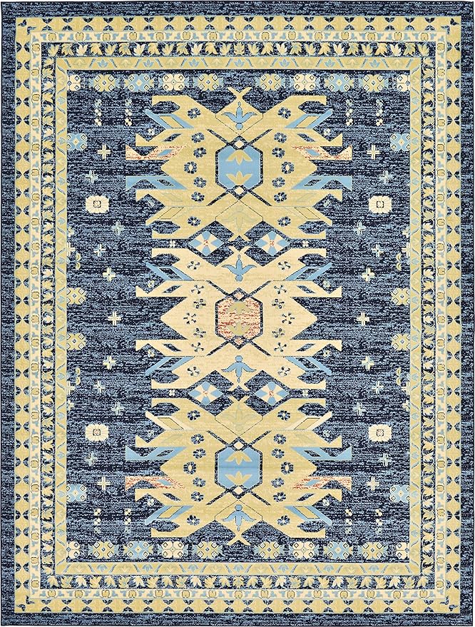 Unique Loom Taftan Collection Border Geometric Tribal Inspired Design Area Rug (9' 10 x 13' 0 Rectangular, Navy Blue/ Gold)