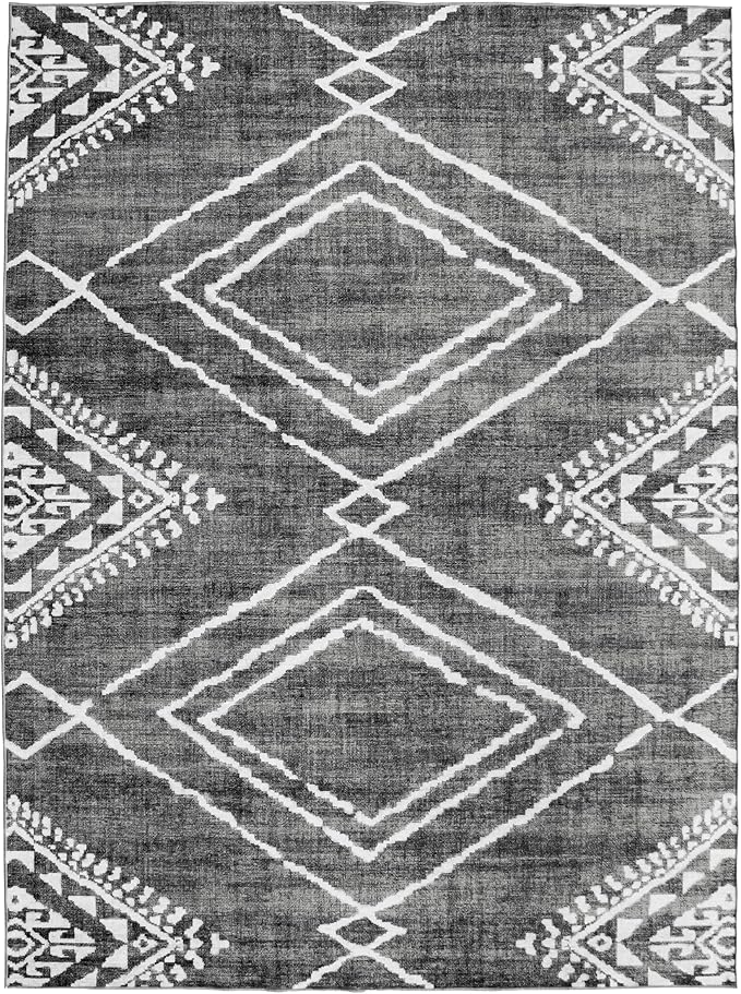 ReaLife Rugs Machine Washable Area Rug Runner - Living Room Bedroom Bathroom Kitchen Entryway Office - Padded Low Pile Stain Resistant Premium - Moroccan Diamond Tribal - Jax - Gray 3' x 5'