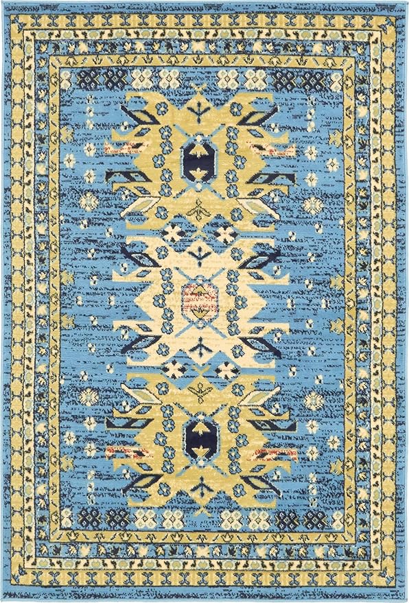 Unique Loom Taftan Collection Border Geometric Tribal Inspired Design Area Rug (4' 0 x 6' 0 Rectangular, Light Blue/ Gold)