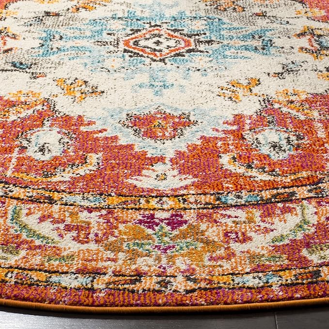 SAFAVIEH Monaco Collection Area Rug - 6'7" Round, Orange & Light Blue, Boho Chic Medallion Distressed Design, Non-Shedding & Easy Care, Ideal for High Traffic Areas in Living Room, Bedroom (MNC243H)