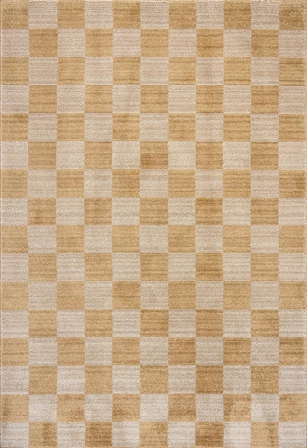 Loloi Chris Loves Julia Calvin Collection CLV-01 Apricot/Ivory 3'-6" x 5'-6" Accent Rug Checkered Neutral Soft Living Room Bedroom Carpet