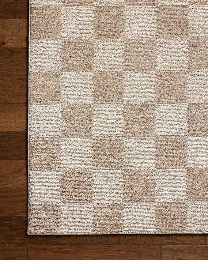 Loloi Chris Loves Julia Calvin Collection CLV-01 Pebble/Ivory 5'-3" x 7'-6" Area Rug Checkered Neutral Soft Living Room Bedroom Carpet