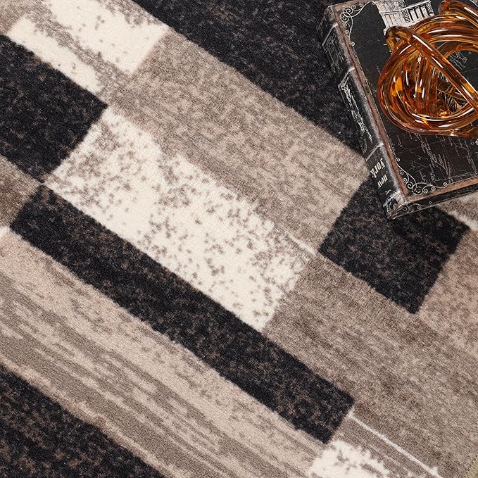 Superior Indoor Runner Rug, Foam Backed, Modern Geometric Patchwork Floor Decor for Bedroom, Office, Living Room, Entryway, Hardwood Floors, Rockwood Collection, 2' 7" x 6', Chocolate