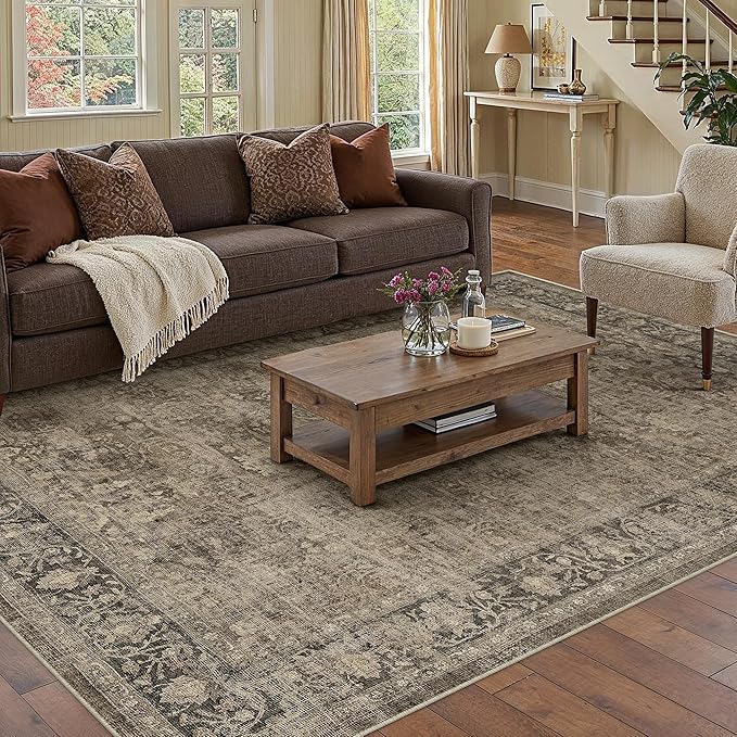 6x9 Brown Washable Area Rug for Living Room Bedroom Neutral Vintage Soft Non Slip Rug Low Pile Distressed Carpet for Dining Room Nursery Office Indoor