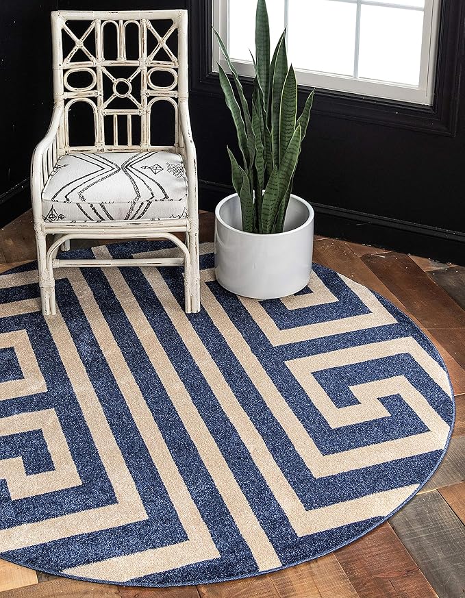 Unique Loom Athens Collection Classic Geometric Modern Border Design Area Rug (6' 0 x 6' 0 Round, Navy Blue/ Beige)