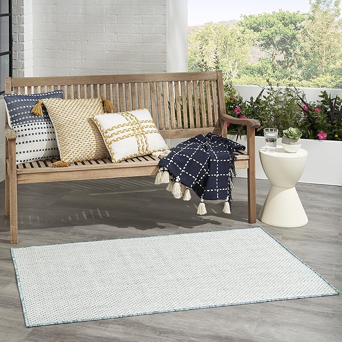 Nourison Home Courtyard Ivory Aqua 3' x 5' Area Rug - Easy Clean, Non Shedding, Bed Room, Living Room, Dining Room, Kitchen (3' x 5')